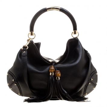 Pre Owned Gucci Black Leather Large Indy Top Handle Bag