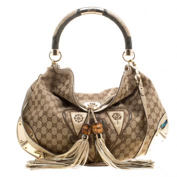 مملوكة مسبقًا Gucci Beige GG Canvas Limited Edition Crest Patchwork Indy Top Handle Bag