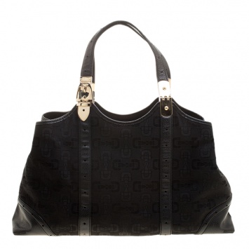 Pre Owned Gucci Black Horsebit Print Canvas and Leather Tote