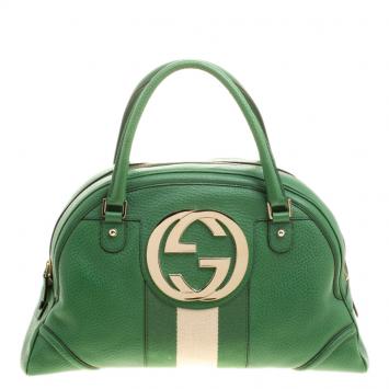 Pre Owned Gucci Green Leather Vintage Web Interlocking GG Bowling Bag