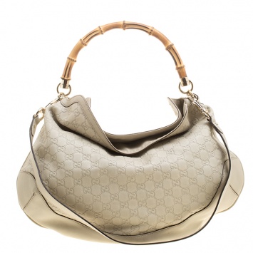 Pre Owned Gucci Off White Guccissima Leather Peggy Bamboo Top Handle Bag