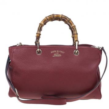 Pre Owned Gucci Red Leather Bamboo Medium Shopper Tote