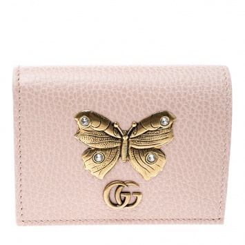 Pre Owned Gucci Blush Pink Leather Butterfly Emmbellished Card Case
