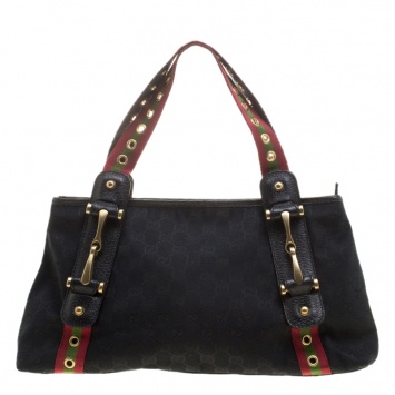 Pre Owned Gucci Black GG Canvas Grommet Straps Pelham Tote