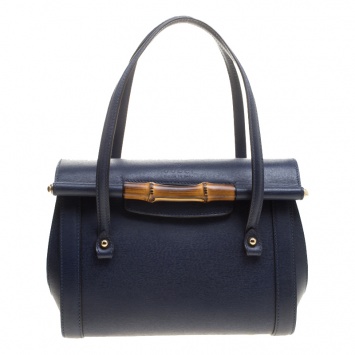 مملوكة مسبقًا Gucci Navy Blue Leather New Bullet Bamboo Top Handle Bag