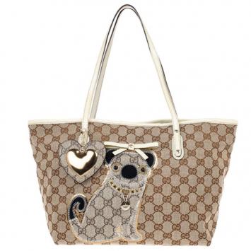 Pre Owned Gucci Brown Monogram Guccioli Oliver Embroidery Medium Tote