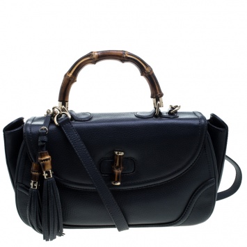 Pre Owned Gucci Navy Blue Leather Large New Bamboo Tassel Top Handle Bag