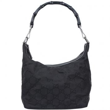 Pre Owned Gucci Black GG Nylon Bamboo Top Handle Bag
