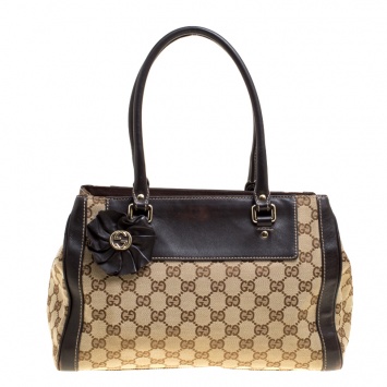 Pre Owned Gucci Beige/Brown GG Canvas and Leather Small Trophy Tote