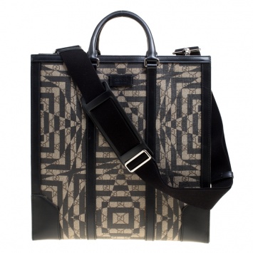 Pre Owned Gucci Beige/Black GG Supreme Canvas and Leather Caleido Tote