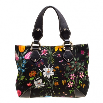 Pre Owned Gucci Black Floral Print Canvas Tote
