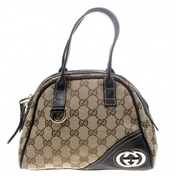 Pre Owned Gucci Beige/Ebony GG Canvas and Leather Satchel