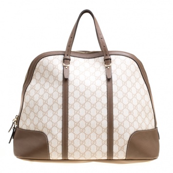 Pre Owned Gucci Off White/Brown GG Supreme Canvas and Leather Large Nice Top Handle Bag