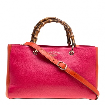 Pre Owned Gucci Fuchsia/Orange Leather Medium Exclusive Bamboo Shopper Top Handle Bag