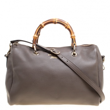 Pre Owned Gucci Dark Beige Leather Medium Bamboo Shopper Boston Bag 