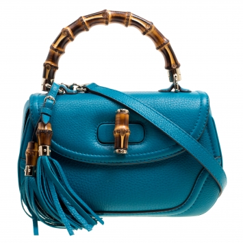 Pre Owned Gucci Teal Blue Leather Tassel New Bamboo Top Handle Bag