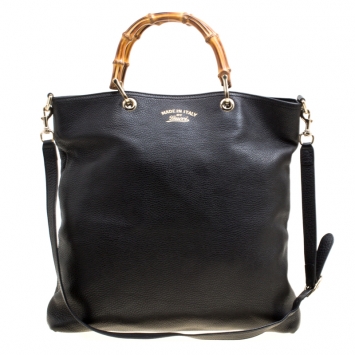 Pre Owned Gucci Black Leather Bamboo Top Handle Bag