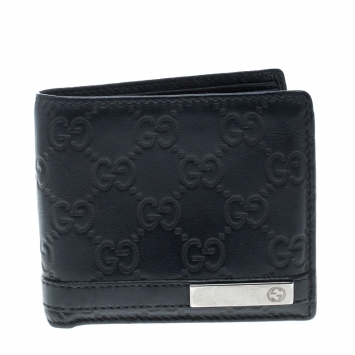 Pre Owned Gucci Dark Blue Guccissima Leather Metal Bar Bifold Wallet
