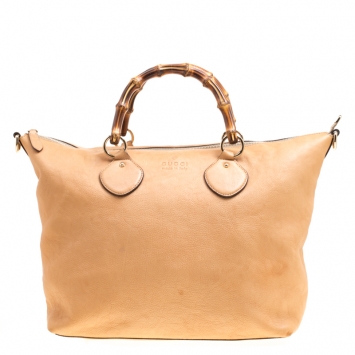 Pre Owned Gucci Beige Leather Bamboo Top Handle Bag