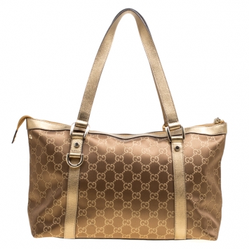 Pre Owned Gucci Brown/Gold GG Fabric and Leather Medium Abbey Tote