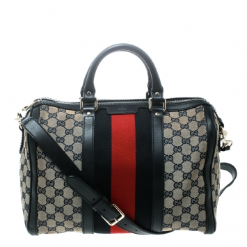 Pre Owned Gucci Blue/Beige GG Canvas Medium Vintage Web Boston Bag