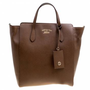 Pre Owned Gucci Dark Brown Leather Medium Swing Tote