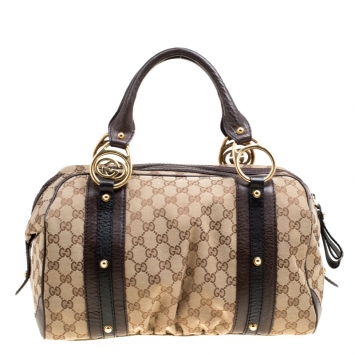 Pre Owned Gucci Beige/Brown GG Canvas and Leather Interlocking Boston Bag