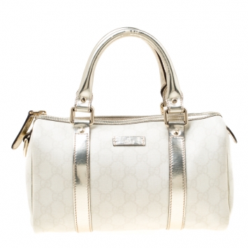 Pre Owned Gucci Off White/Gold GG Supreme Canvas Small Joy Boston Bag