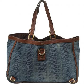 Pre Owned Gucci Blue/Brown Logo Denim and Leather Large Abbey Tote