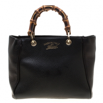 Pre Owned Gucci Black Leather Mini Bamboo Top Handle Bag