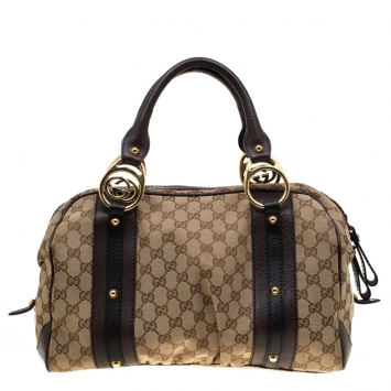 Pre Owned Gucci Beige/Brown GG Canvas and Leather Interlocking Boston Bag