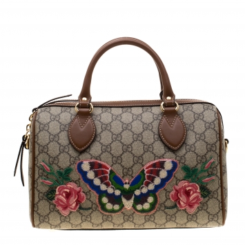 Pre Owned Gucci Beige/Brown Butterfly Embroidered GG Supreme Canvas and Leather Small Joy Boston Bag