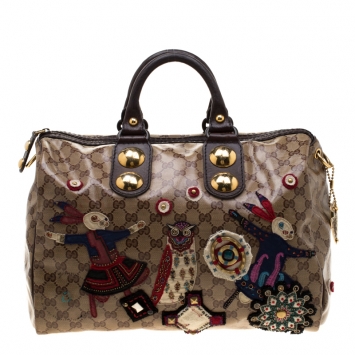Pre Owned Gucci Brown GG Crystal Coated Canvas Babouska Fable Boston Bag