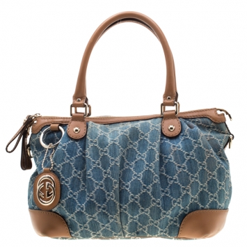Pre Owned Gucci Blue/Tan GG Denim and Leather Medium Sukey Tote