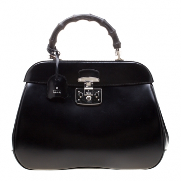 مملوكة مسبقًا Gucci Black Patent Leather Lady Lock Bamboo Top Handle Bag