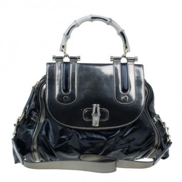 Pre Owned Gucci Black Leather Dialux Ivory Pop Bamboo Top Handle Bag