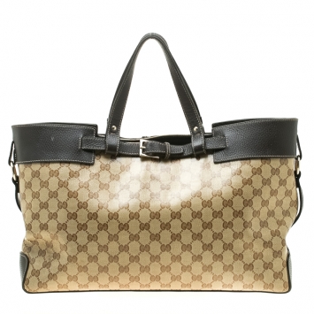 Pre Owned Gucci Beige/Dark Brown GG Crystal Canvas and Leather Belt Tote