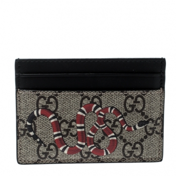 Pre Owned Gucci Beige/Black Kingsnake Print GG Supreme Canvas 4CC Cardholder