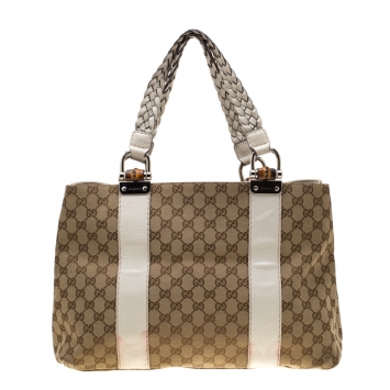 Pre Owned Gucci Beige/White GG Canvas Medium Bamboo Bar Tote