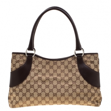 Pre Owned Gucci Beige/Ebony GG Canvas and Leather Jacquard Tote