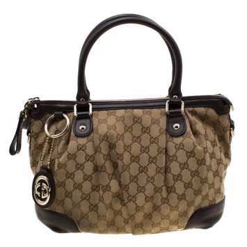 Pre Owned Gucci Beige/Ebony GG Canvas and Leather Sukey Tote