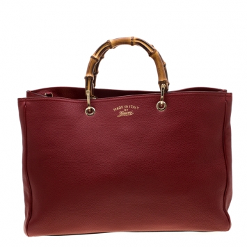 Pre Owned Gucci Red Leather Large Bamboo Handle Shopper Tote  