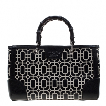Pre Owned Gucci Black/White Leather Bamboo Top Handle Shopper Tote  