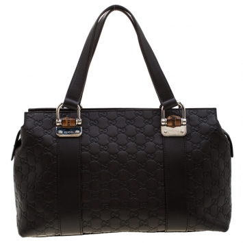 Pre Owned Gucci Dark Brown Guccissima Leather Bamboo Bar Tote