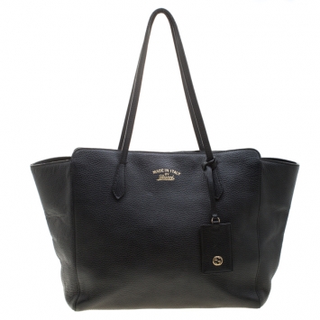 Pre Owned Gucci Black Leather Large Swing Tote