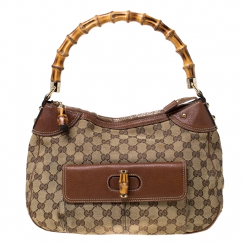 Pre Owned Gucci Beige/Brown Canvas and Leather Bamboo Handle Top Handle Bag