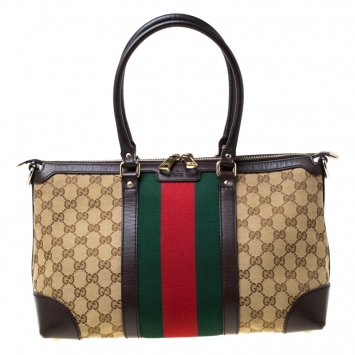 Pre Owned Gucci Brown GG Canvas and Leather Large Web Treasure Tote