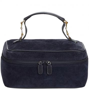 Pre Owned Gucci Black Blue Horsebit Suede Vanity Bag