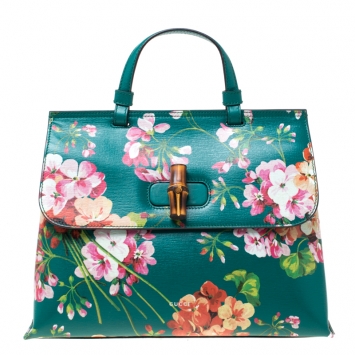 Pre Owned Gucci Green Blossoms Print Leather Bamboo Daily Top Handle Bag