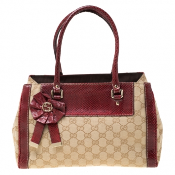 Pre Owned Gucci Beige/Red GG Canvas and Python Leather Small Trophy Tote